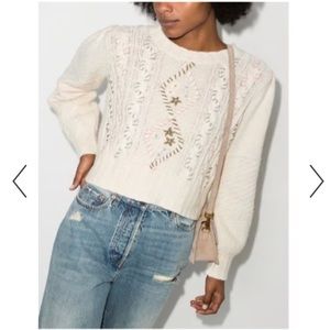 Loveshackfancy Leni Cable Knit Floral Sweater in White Emroidered